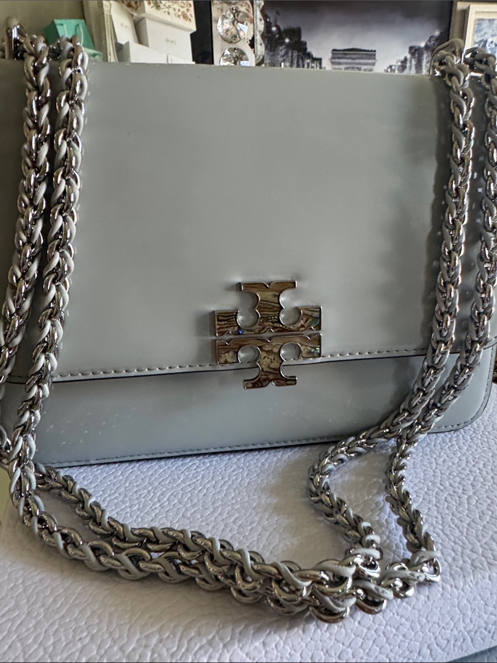 Tory Burch Pale Gray Britton Abilene Chain Crossbody Bag and wallet